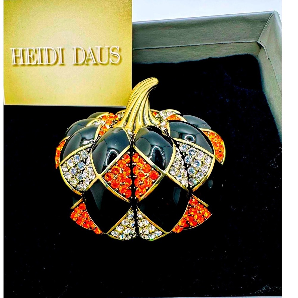 Heidi Daus Harlequin Pumpkin Brooch Black Enamel Orange Crystal Fall Pin Boxed
